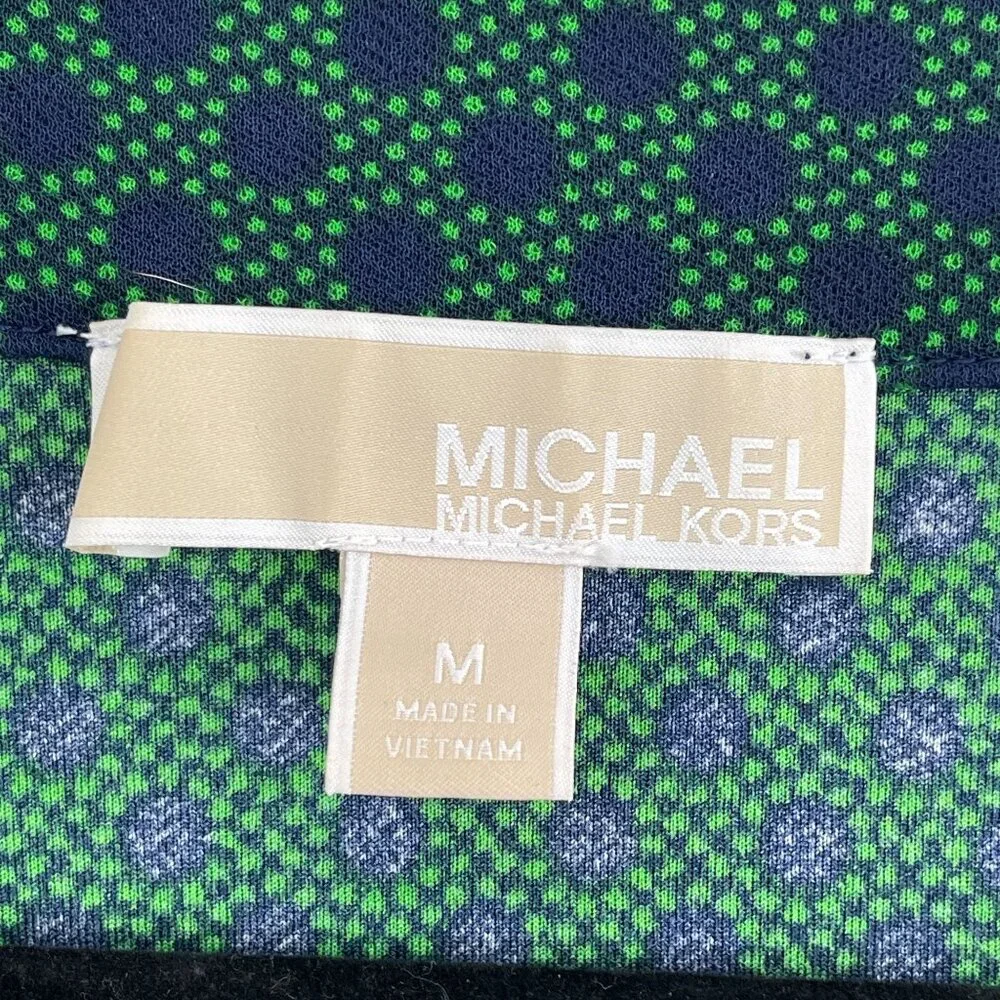 Michael Kors Womens Medium Green‎ Navy Polka Dot Tunic Top Gold Chain Detail